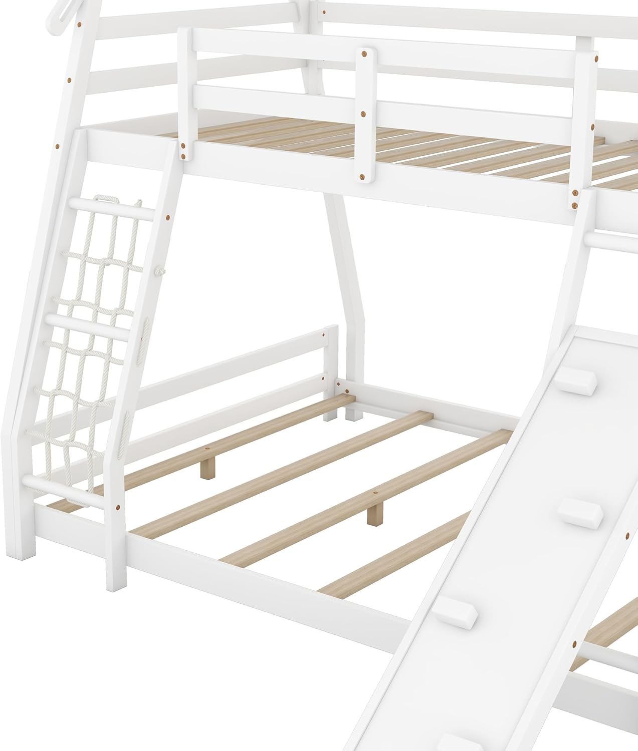 House Bunk Bed with Climbing Nets and Climbing Ramp, Twin Over Queen Bunk Bed with Guardrails and Wood Slats Support, Playful Design Wood House Bed for Kids Teens (White,Twin Over Queen)