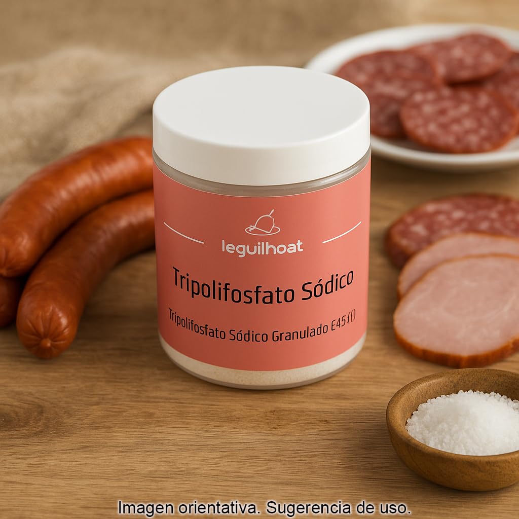 Tripolifosfato Sódico E451 180 g en bote Aditivo alimentario para embutidos salchichas fiambres y salmuera mejora emulsión retención de agua y textura