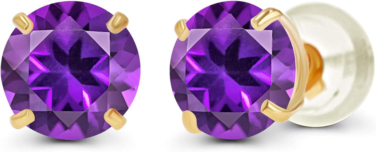 Solid 14K Yellow, White or Rose Gold 4mm Round Genuine Gemstone Birthstone Prong Set Stud Earrings For Women