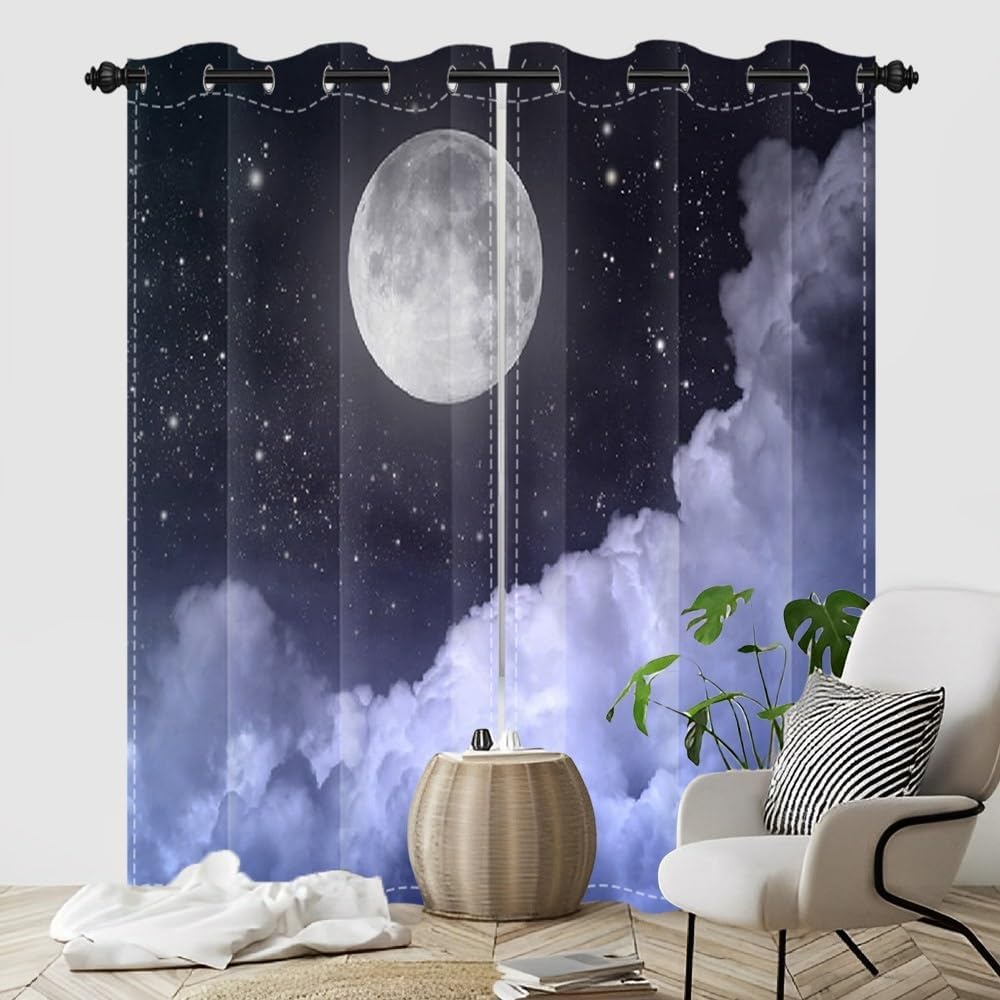 Moon Curtains Black Night Sky Starry Stars Full Moon and Clouds Printed Window Drapes for Kids Bedroom Nursery Living Room Kitchen Grommet Blackout Window Curtains 2 Panel Set,42x84inch