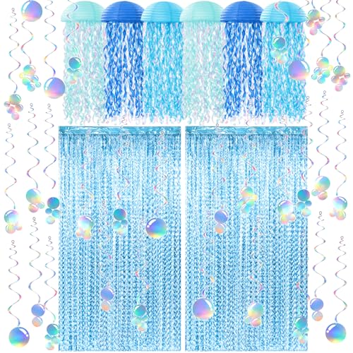 Soulchen 20 Pcs Hanging Jellyfish Paper Lanterns with Tassel Curtains Swirl Bubble Streamers Under The Sea Ocean Themed Mermaid Party Decorations for Birthday Baby Shower Beach Ceiling(Blue)