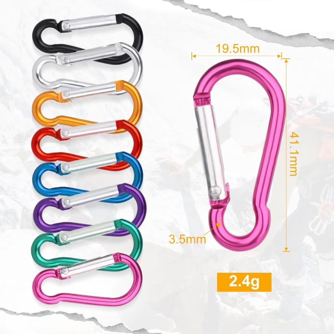 VFANDV 16Pcs Petit Mousqueton 8 Couleurs, en Aluminium, Léger Et Résistant Porte Clef pour Randonnées Camping Pêche Voyages (3,5 x 40 mm)
