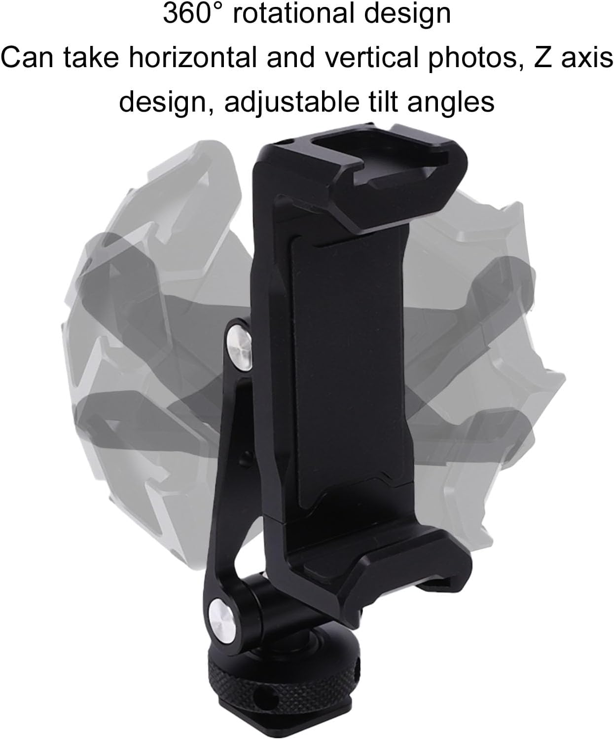 Camera Phone Support, Premium Aluminum Alloy 360 Degree Adjustable Phone Clamp with Dual Cold Shoe Mount for Mobile Devices Tripod Mount Adapter