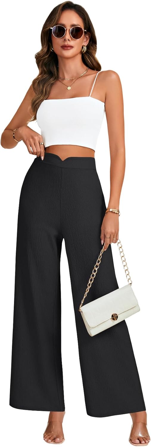 Vrtige Women's Textured Elastic High Waist Loose Classic Casual Wide Leg Pants - Image 6