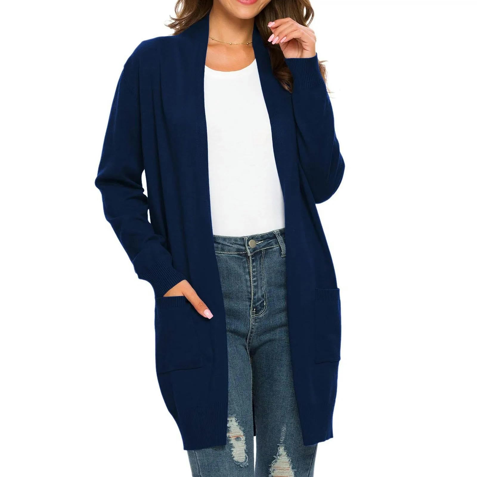 Sweter dla kobiet, kardigan damski, sweter jesienny, otwarty przód, dzianinowy, oversize, płaszcz z kieszeniami