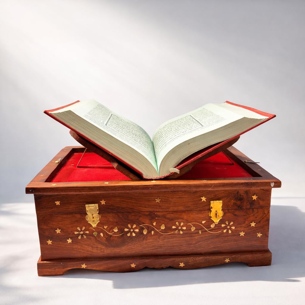 Handcrafted Wooden Ramayan Rehal with Storage Box | Large Holy Book Stand cum Trunk with Inlay Work | Foldable Reading Stand for Ramcharitmanas Ramayan Religious Use-image-20