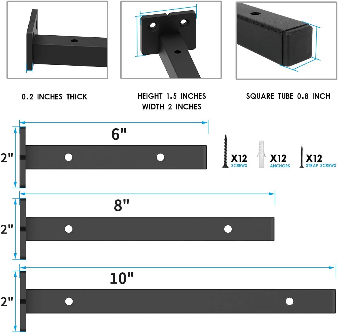 Classic Shelf Bracket 6 inch Anti-Rust Solid Matte Black Well-Made Hidden Shelf Brackets Wrought Iron Style Wall Mental Brace for DIY (6-Pack Hardware Only)
