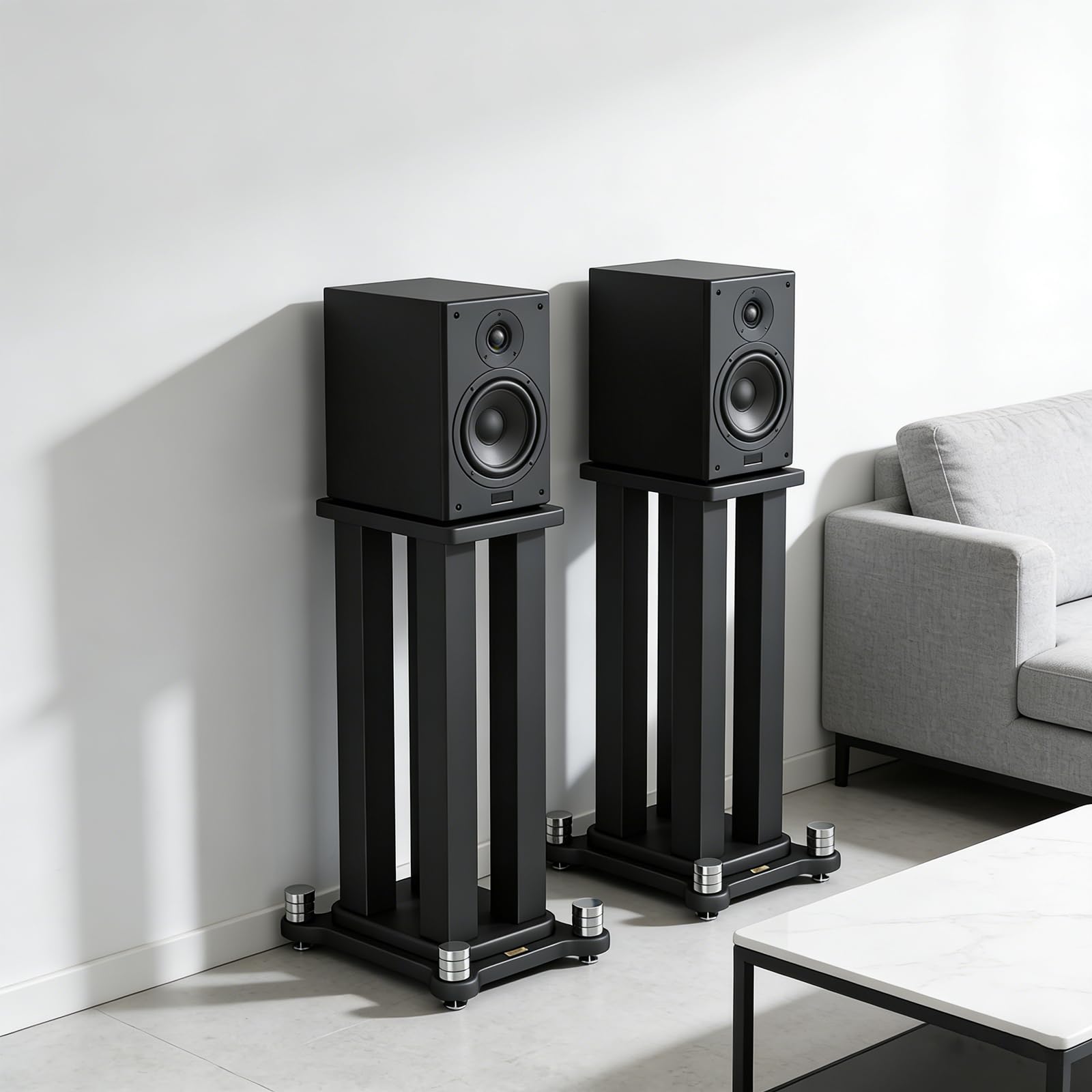 2er-Set lautsprecherständer, Stahlrahmenstütze Lautsprecher Stand für Lautsprecher mit bis zu 40KG, Vibrationsabsorbierendes MDF-Design, Verbessern Sie die Klangqualität (Black, 60cm)