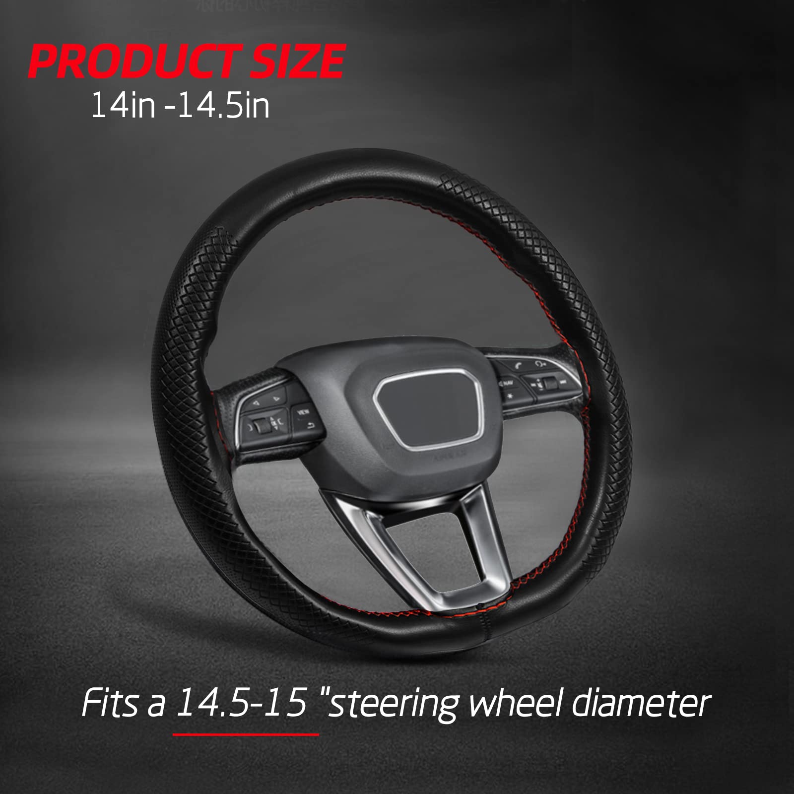 XCBYT Universal Leather Steering Wheel Cover - Red Handsewn DIY Microfiber Leather Stitch On Wrap Soft Anti-Slip Breathable 14.5-15 Inch for Women Men