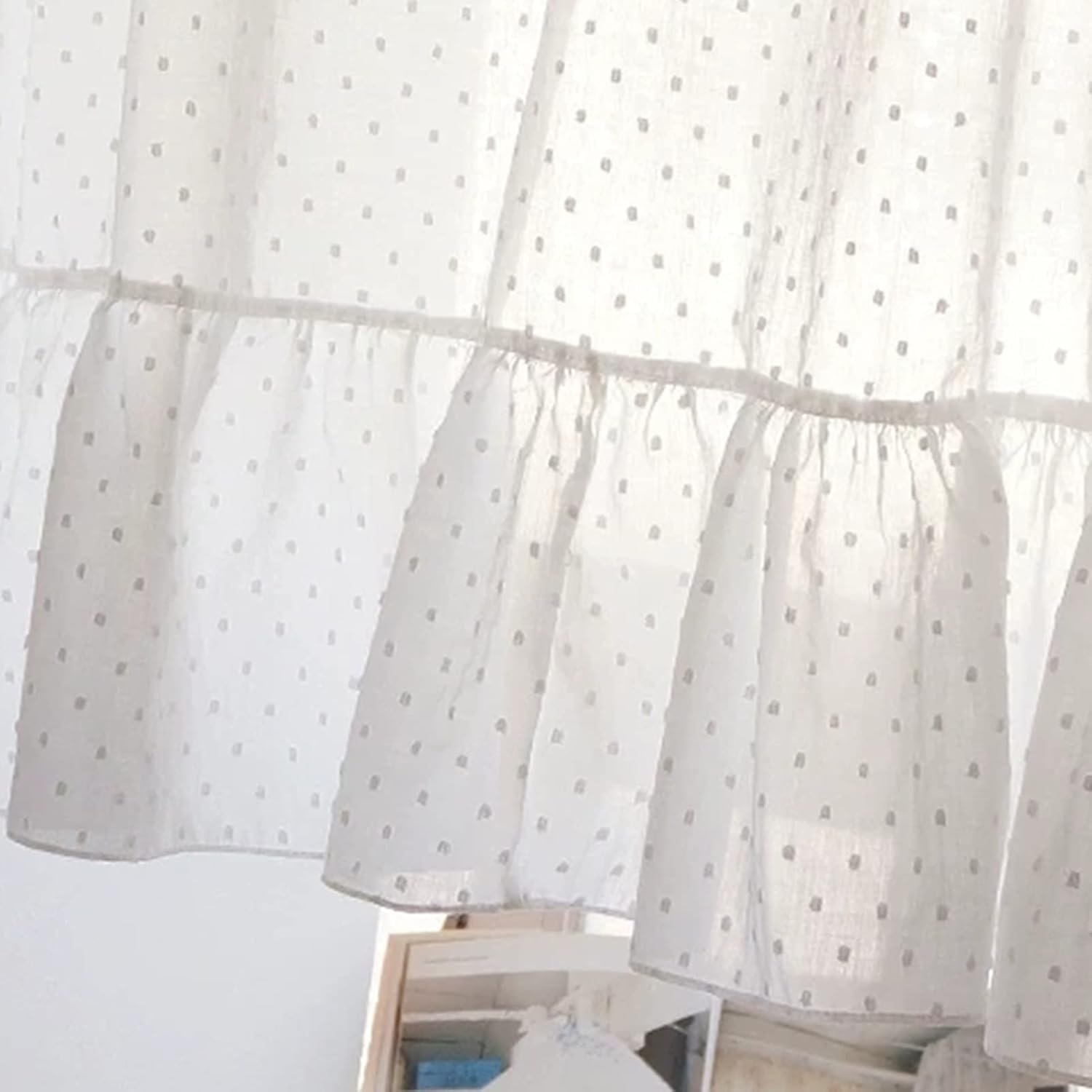 Kitchen Curtain,Valance for Half Translucent Lace Window Tier Curtain,Polka Dot Tulle Short Curtains,Country Style Bistro Cafe Curtain for Kitchen Living Room Bathroom