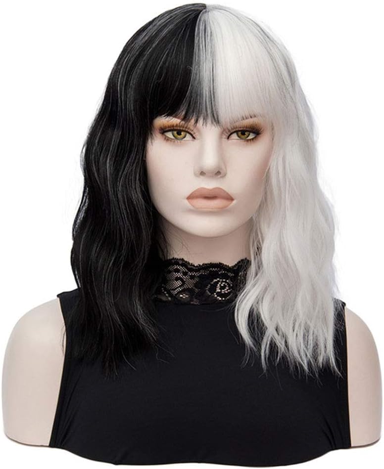 Qaccf Black and White Wig | Short Wavy Shoulder Length Women Full Bang Heat Resistant Wig (Black and White)