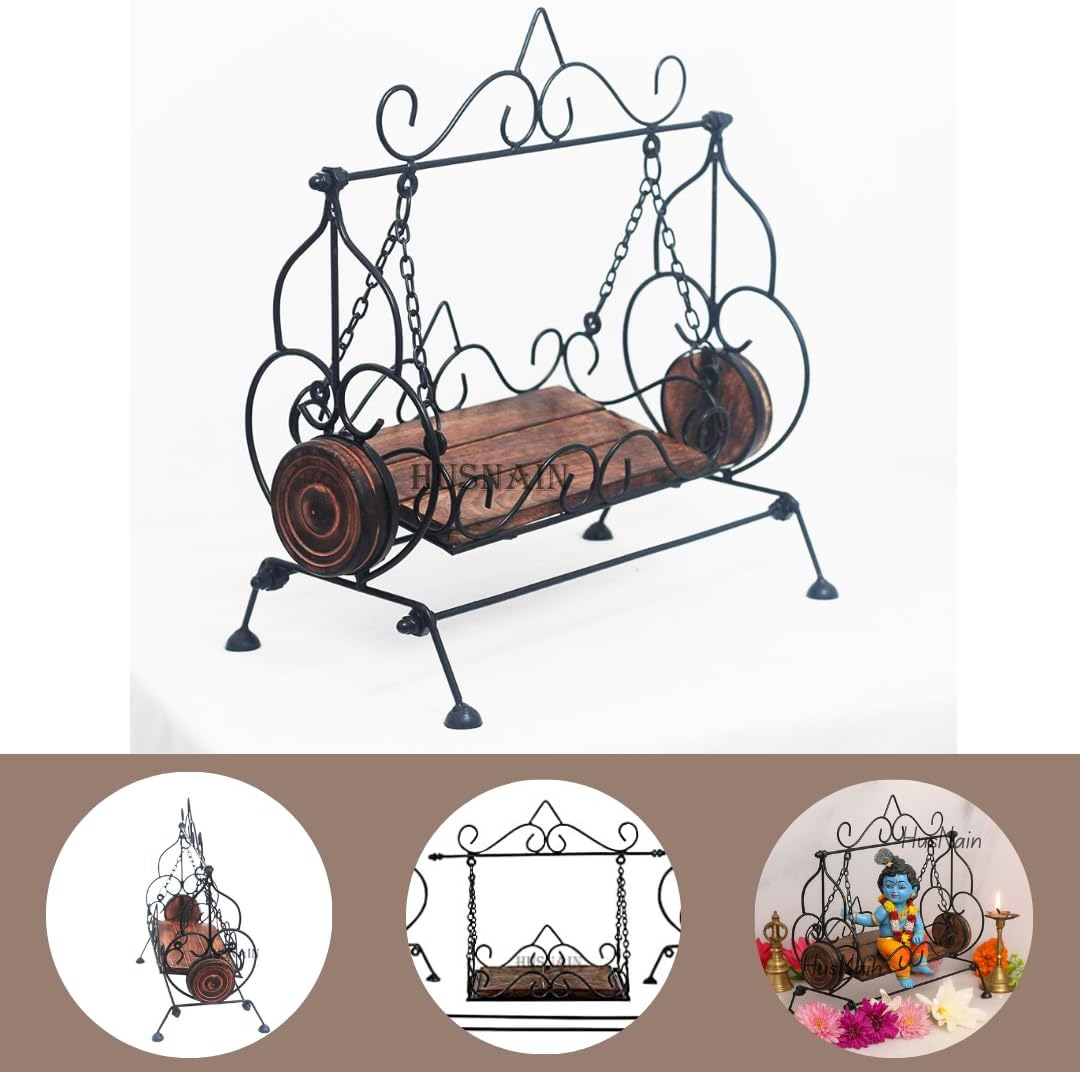Wooden & Wrought Iron Jhulla for Lord Krishna | Jhulla for God Ideal | Jhulla for Goddess | Wooden Radha Krishna Ji Wrought Iron Frame God Jhula or Swing for Mandir and Home Temple