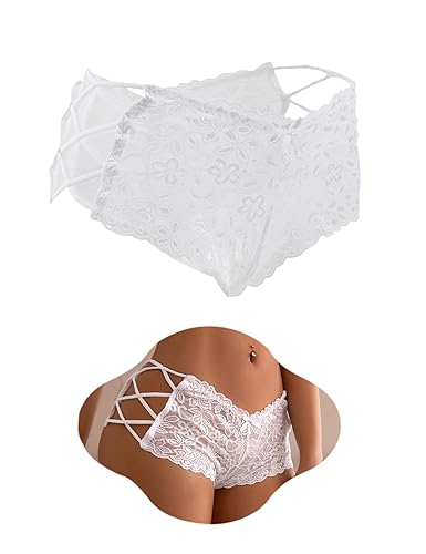 ohmydear Bragas Brasileñas Cintura Baja en V Ropa Interior Mujer Tanga Eróticas de Encaje Braguitas Talla Grande Lenceria Culotte Sexy Tangas con Corte Perforado Lateral - S - Blanco