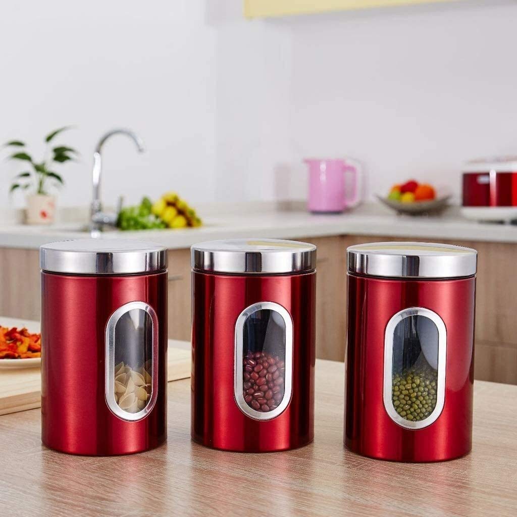Vorratsgläser Klein 3-teiliges Küchenkanister-Set, Lebensmittelbehälter Aus Edelstahl Mit Luftdichten Deckeln, Speisekammer-Organisation Und Aufbewahrung for Tee, Snacks, Zucker, 53 Unzen Rot