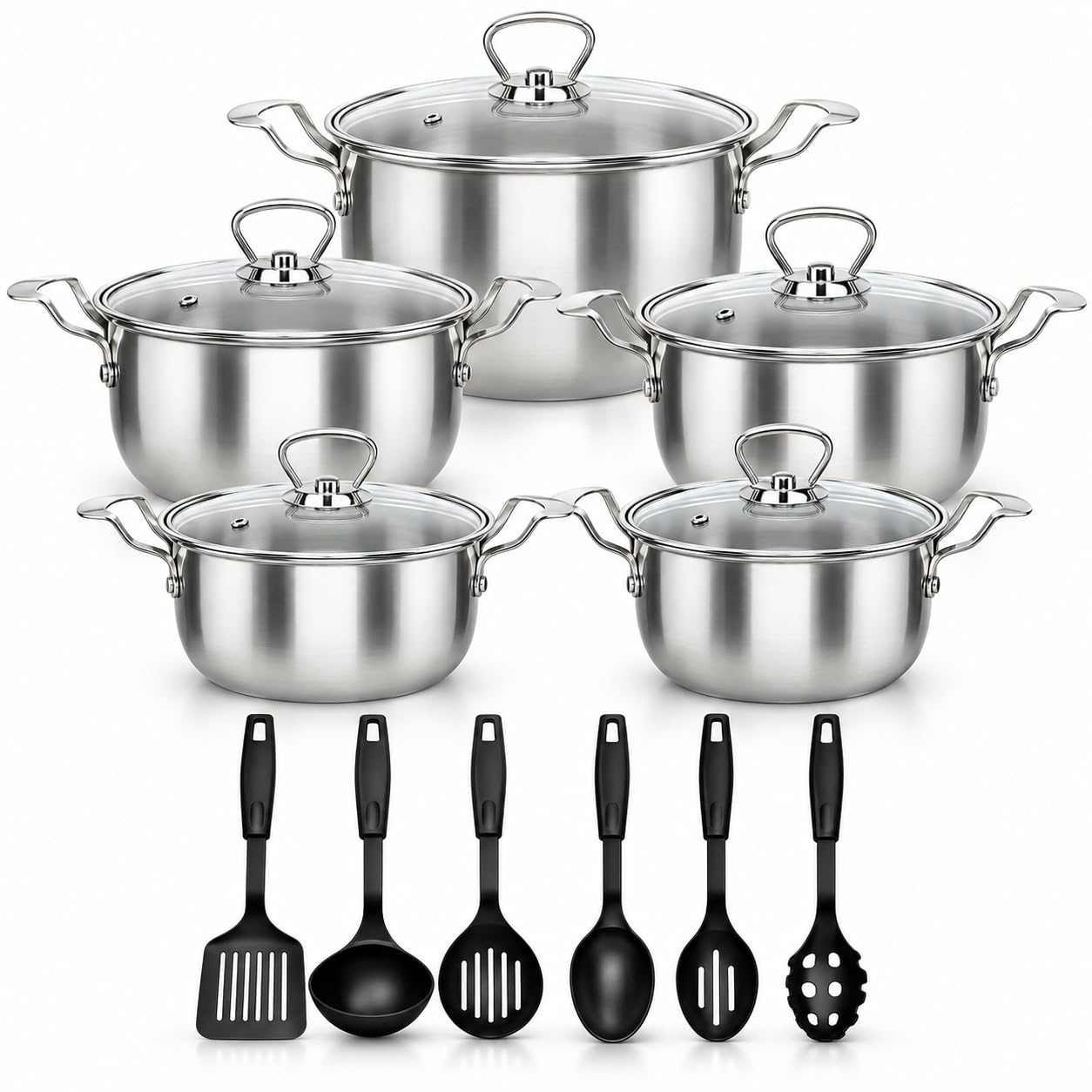 16PCS Induction Pan Set Saucepan Set Cookware Pot Non Stick Saucepan Glass Lid, Black Iron Cooking Pots Frying Pan Casserole & Kitchen Tools (16 Pieces Silver Set)