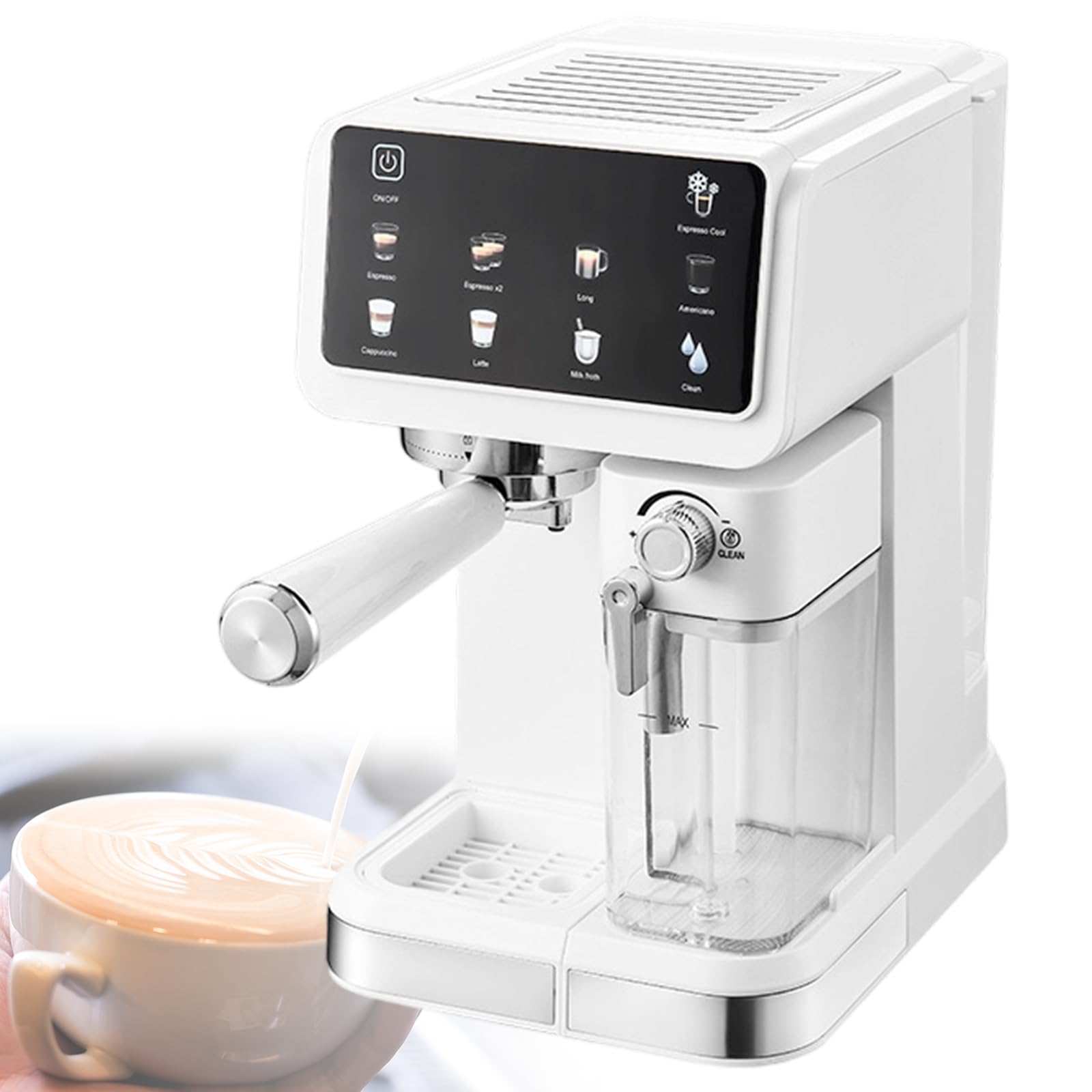 Xjleftonomie 1350w 20 Bar Coffee Maker, Compact Stainless Steel, Constant Temperature Extraction 1.5l Water & 500ml Milk Tank, Touch Panel, Cappuccino Latte Mode White