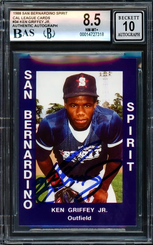 Ken Griffey Jr. Autographed 1988 San Bernardino Spirit California Cal League Rookie Card #34 Mariners BGS 8.5 Auto Grade Gem Mint 10 Beckett BAS Stock #209240