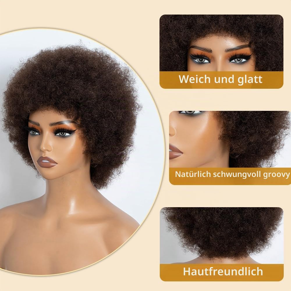 Afro Echthaar Perücke Damen Human Hair Wigs for Black Women Kinky Curly Short Glueless Wig (2, 10 inches)