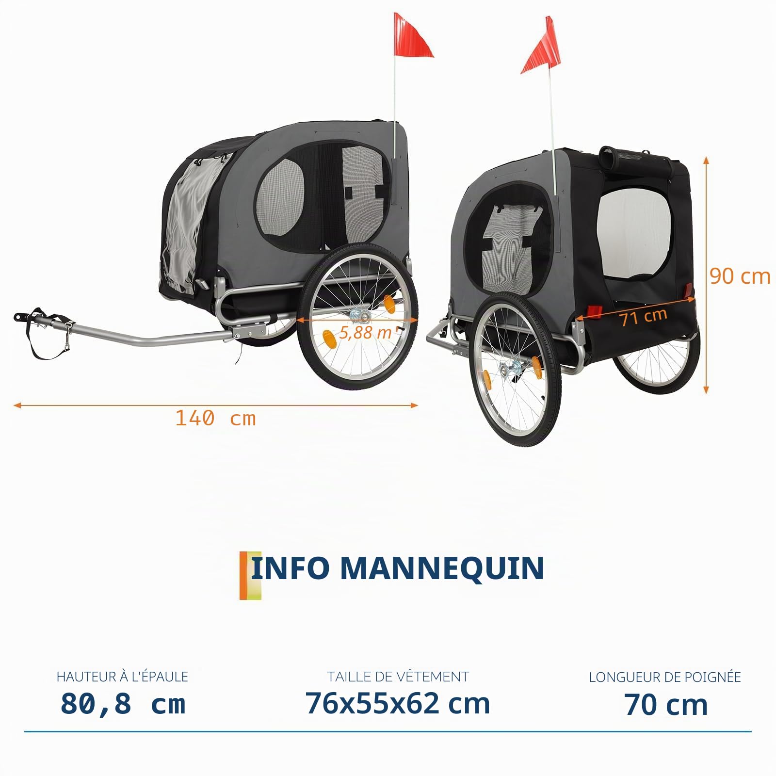 Grandes remorques pour Chiens - Capacité de 40 kg - Porte-Bicyclette pour Animaux de Compagnie - Tissu Oxford Pliable, Attache Universelle - Design Pliable, Tapis antidérapant et Drapeau de sécurité