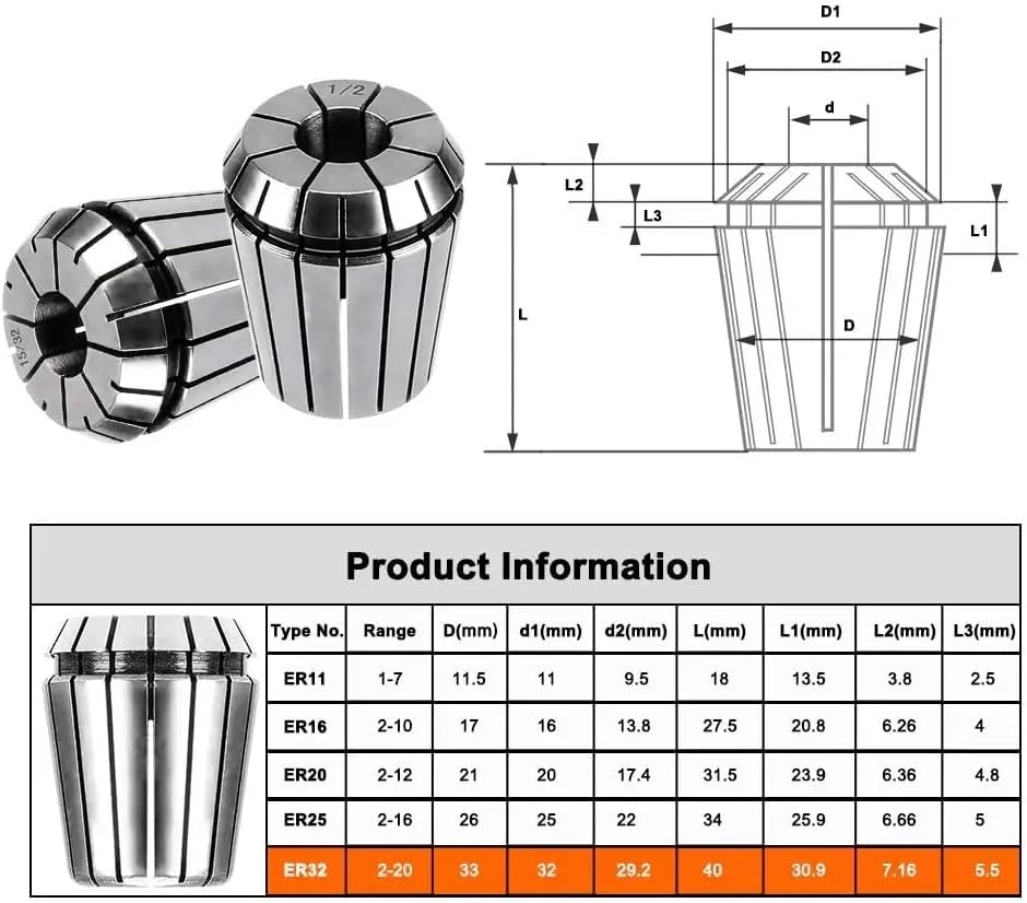 ER11 ER16 ER20 ER25 ER32 ER Precision Spring Collet Chuck 0.008mm For CNC Milling Tool Holder Engraving Machine Spindle Motor(ER25-3)