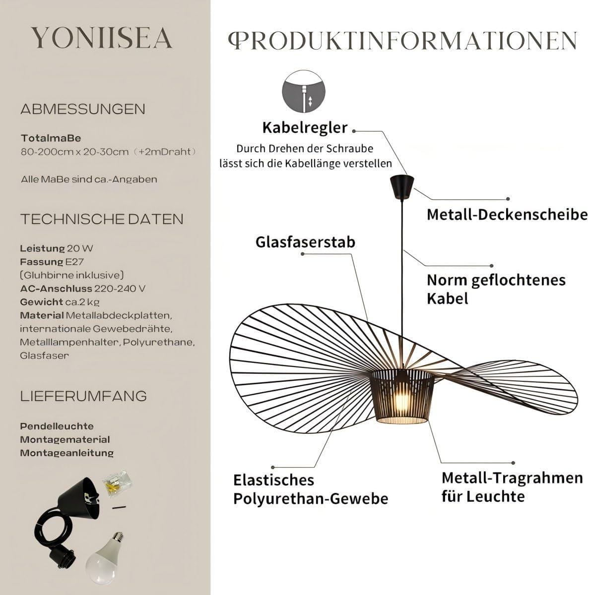 Vertigo Hängeleuchte Schwarz 80cm Hut Form Design, Pendelleuchte Höhenverstellbar, Moderne Lampe für Wohnzimmer, Schlafzimmer, Küche & Loft, E27