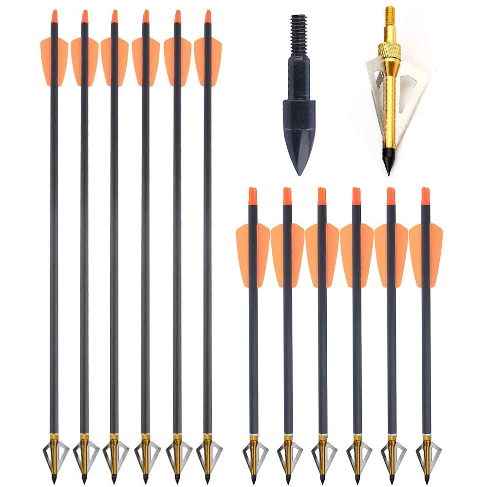 AMEYXGS 12 Pezzi Bulloni della Balestra 8.5" 16" frecce in Carbonio con 100 grani sostituibili Broadhead Spine 350 frecce da Caccia 2 Piuma per tiro con L'Arco tiro al Bersaglio