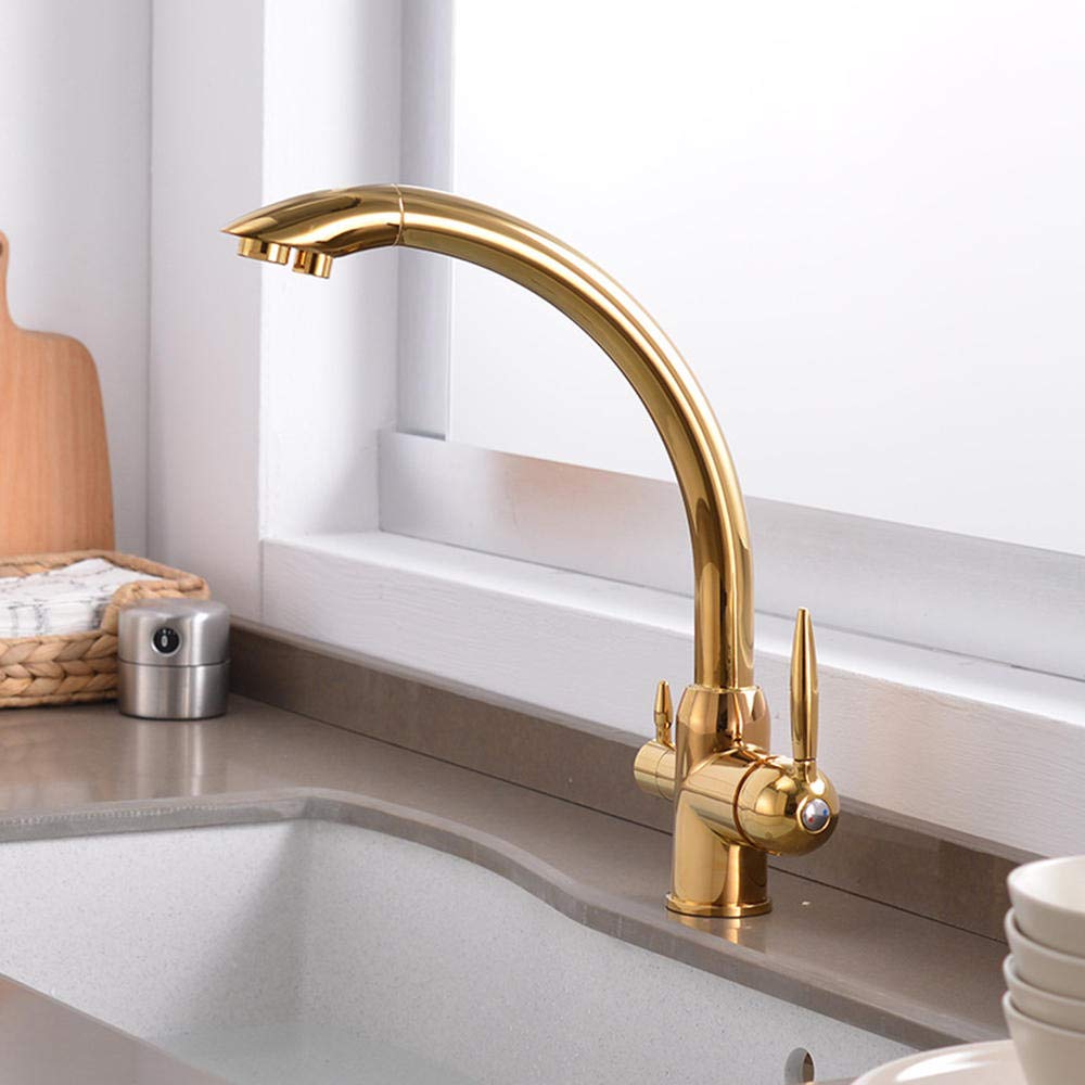WDSOPK 3 Way Water Filter Tap Kitchen Taps 3 in 1 Kitchen Brass Hot and Cold Rotatable Faucet with Direct Drinking Water Purification Basin Faucet-Brushed (Golden A)