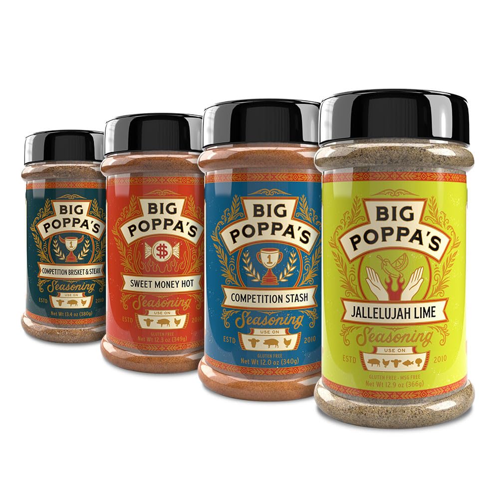 Big Poppa's Sweet Heat Flavor Bundle (4-Pack) - Featuring Sweet Money Hot, Competition Brisket & Steak, Competition Stash, and Jallelujah Lime Seasoning - Ultimate BBQ Seasoning Kit