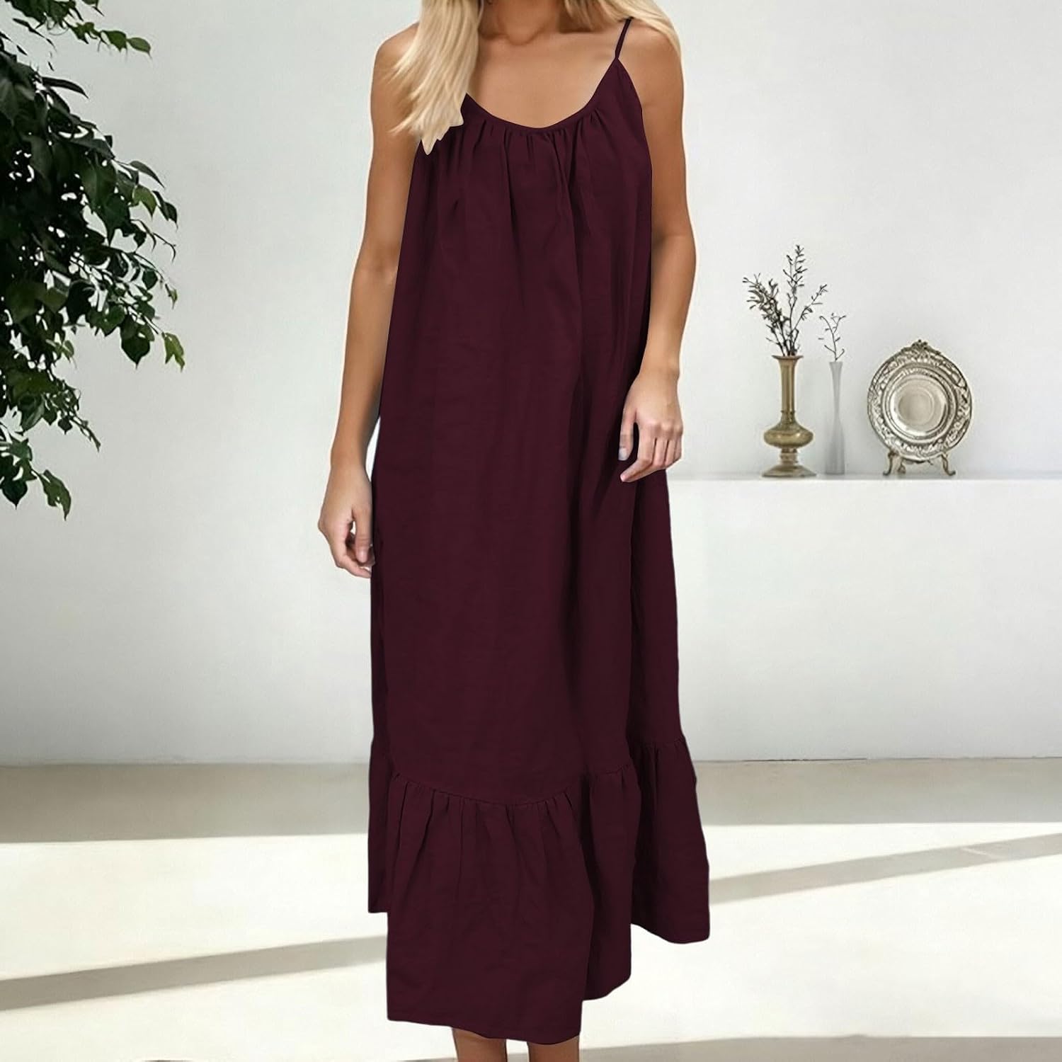 Summer Dresses for Women Spaghetti Strap Maxi Dress Scoop Neck Casual Loose Fit Sundresses Beach Vacation Outfits