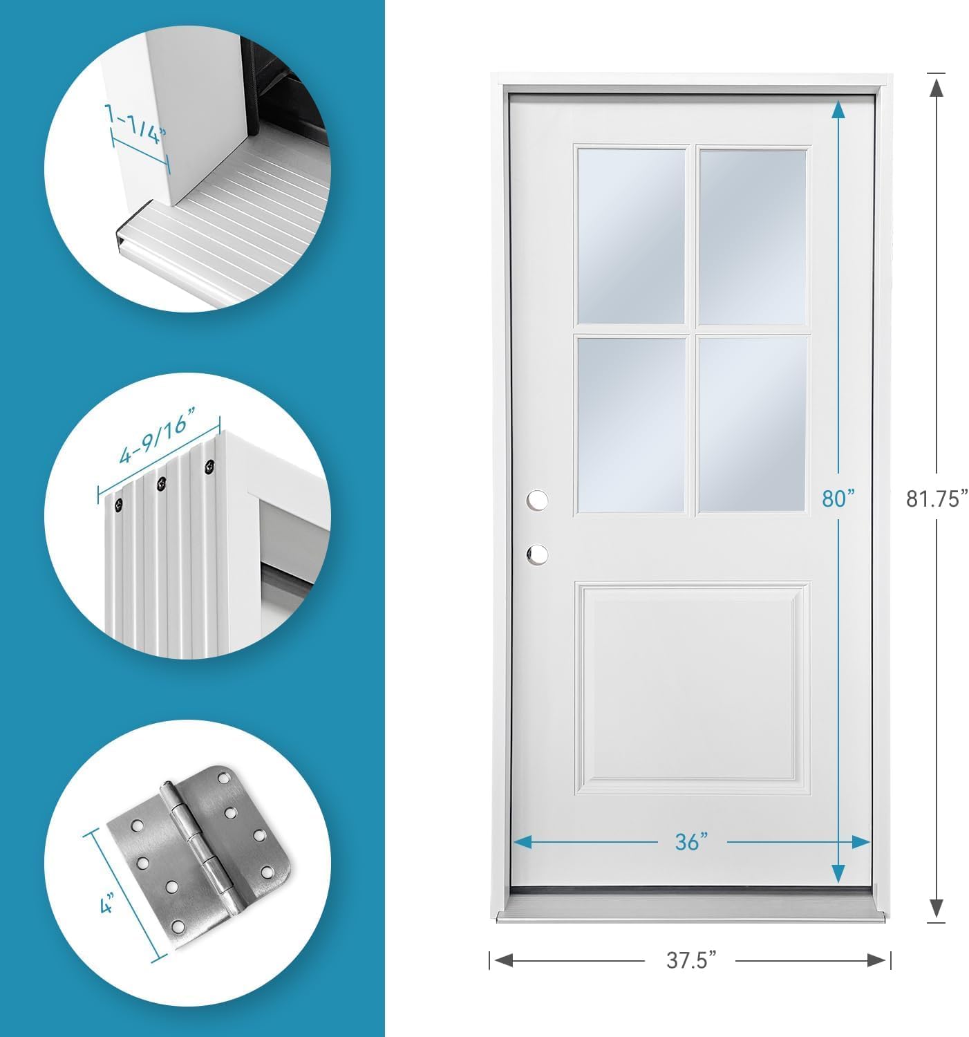 36x80 Fiberglass Prehung Exterior Front Entry Door with Brickmould, 4 Lite Clear Glass, White Primed Exterior Door with Glass 36 x 80, Right Hand Inswing