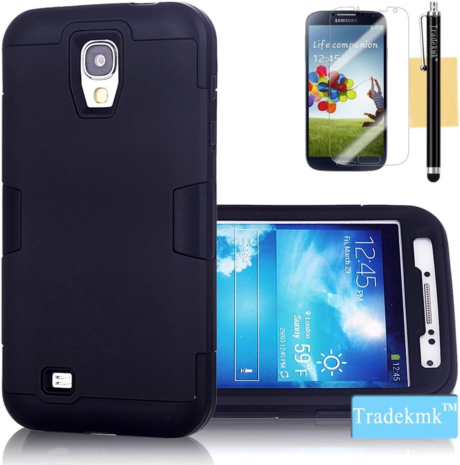 Galaxy S4 Case, Tradekmk(TM) Latest Fashion Hot Sale Hybrid Hard Soft Combo Three-in-one Durable Bumper Armor Back Case Cover Protector Compatible with Samsung Galaxy S4 i9500[+Stylus+Screen Protector+Cleaning Cloth]-(Black)