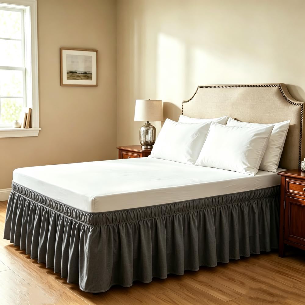 Bed Skirt, Elastic Wrap Around Dust Ruffle Bed Skirting Easy to Install, Adjustable Tailored Bedskirts Fade & Wrinkle Resistant (White, Queen-15 Drop)
