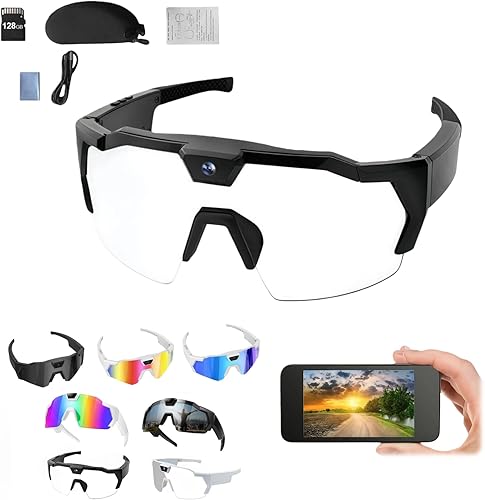 Vista 10 de Gafas inteligentes con cámara, 4K HD POV Smart Baseball Sunglasses gafas de sol ligeras para grabación de video con cámara audios, deportes al aire