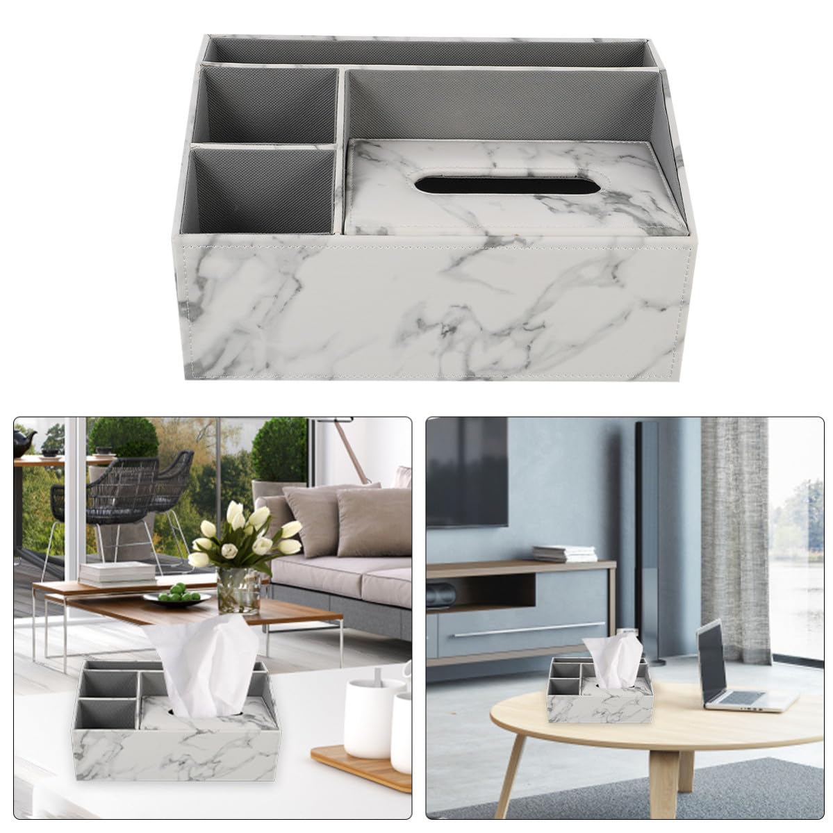 1pieza Caja Organizadora Multifuncional para Escritorio con Soporte para Mando Distancia y Pañuelos Diseño de Cuero y Madera Gris Mármol para Hogar y Oficina