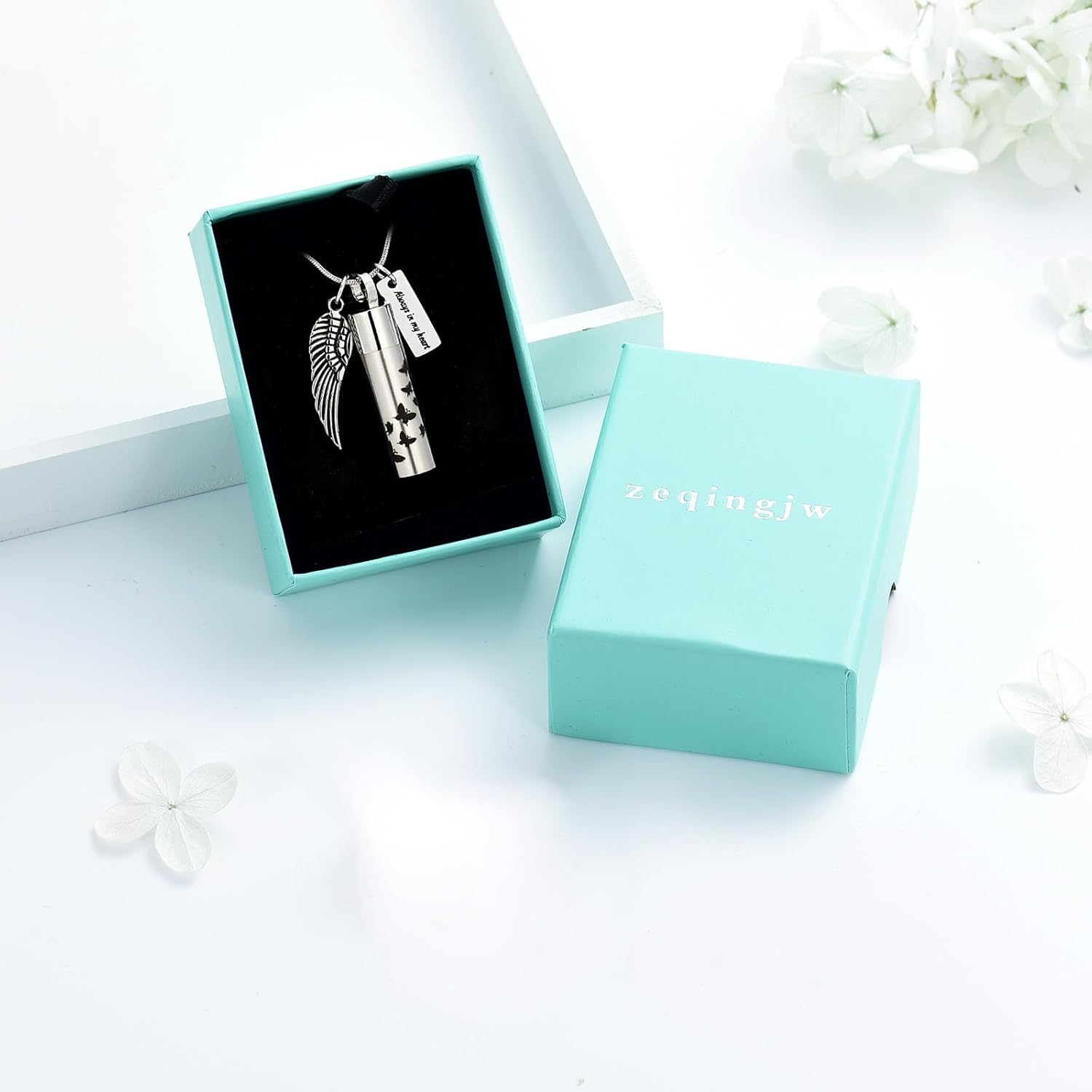zeqingjw Cremation Jewelry Butterfly Cylinder Urn Necklace for Ashes Stainless Steel Keepsake Ash Holder Funeral Pendant of Loved Ones - Image 7