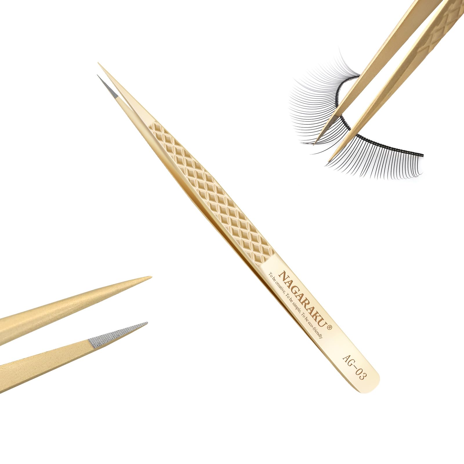 NAGARAKU Precision Fiber Tip Tweezer for Eyelash Extensions Diamond Grip Anti-Static Anti-Slip Premium Gold Stainless Steel Pointed Eyelashes Tweezers with Box(Straight Tip Classic Tweezer AG-03)