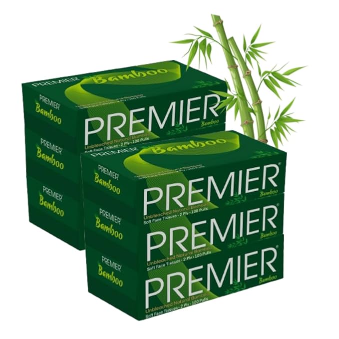 Premier Bamboo Super Soft 2-ply Car Tissue Box| Facial Tissue-100 pulls x 6 Packs (600 Pulls) | 100% Natural & Ecofriendly