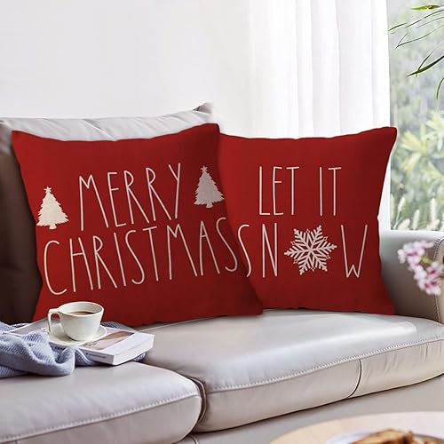 Miniatura 7 de Fundas de almohada rojas con la frase "Merry Christmas", decoración de casa de campo, árbol de Navidad, copo de nieve, "Let It Snow", fundas de