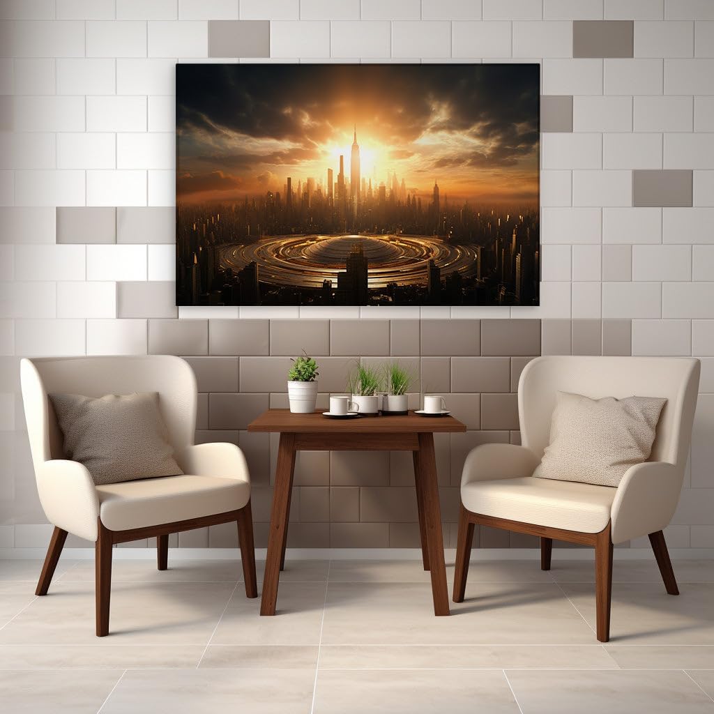 Canvas for Living room. Golden Hour Majesty: A Serene Sunset Over the Urban Skyline, 27 x 18 inch Canvas Wall Art - Contemporary Masterpieces - Modern Home Decor