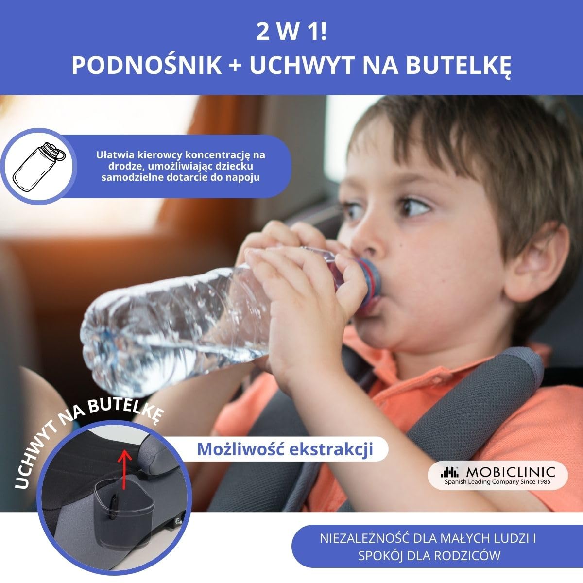 Mobiclinic®, Podwyższenie Fotelika,ISOFIX Regulowany, I-Size ECE R129, Uchwyt na Butelkę, 125–150 cm, Zdejmowana i nadająca się do prania tapicerka, 22–36 kg, Wyściełany podłokietnik, Lionfix Basic