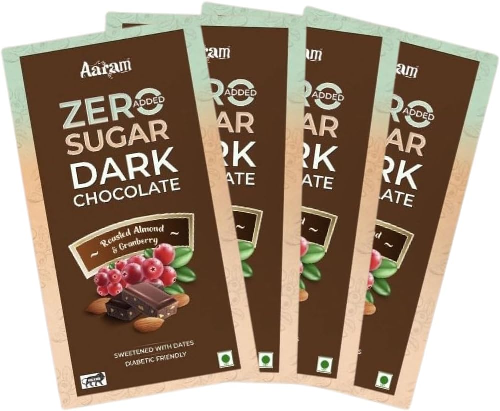 Dark Chocolate with Zero Added Sugar | Enjoy Guilt-Free | Roasted Almond & Cranberry | Diabetic friendly | Rich in Antioxidants | Preservative free | Pack of 4