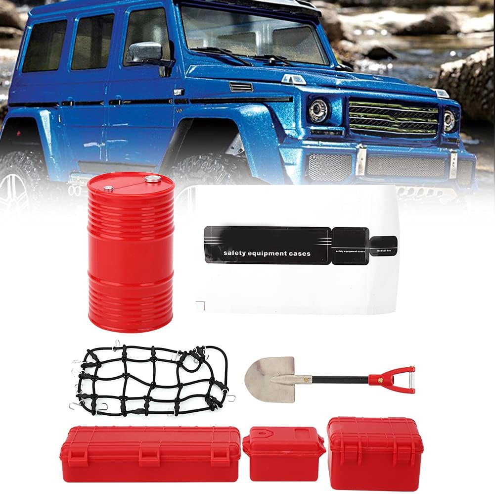RC Car Decorative Tools Set, RC Accessory Kit with Oil Barrel Storage Box Shovel Luggage Net Sticker for Hsp Axial scx10 D90 Hpi (Red)