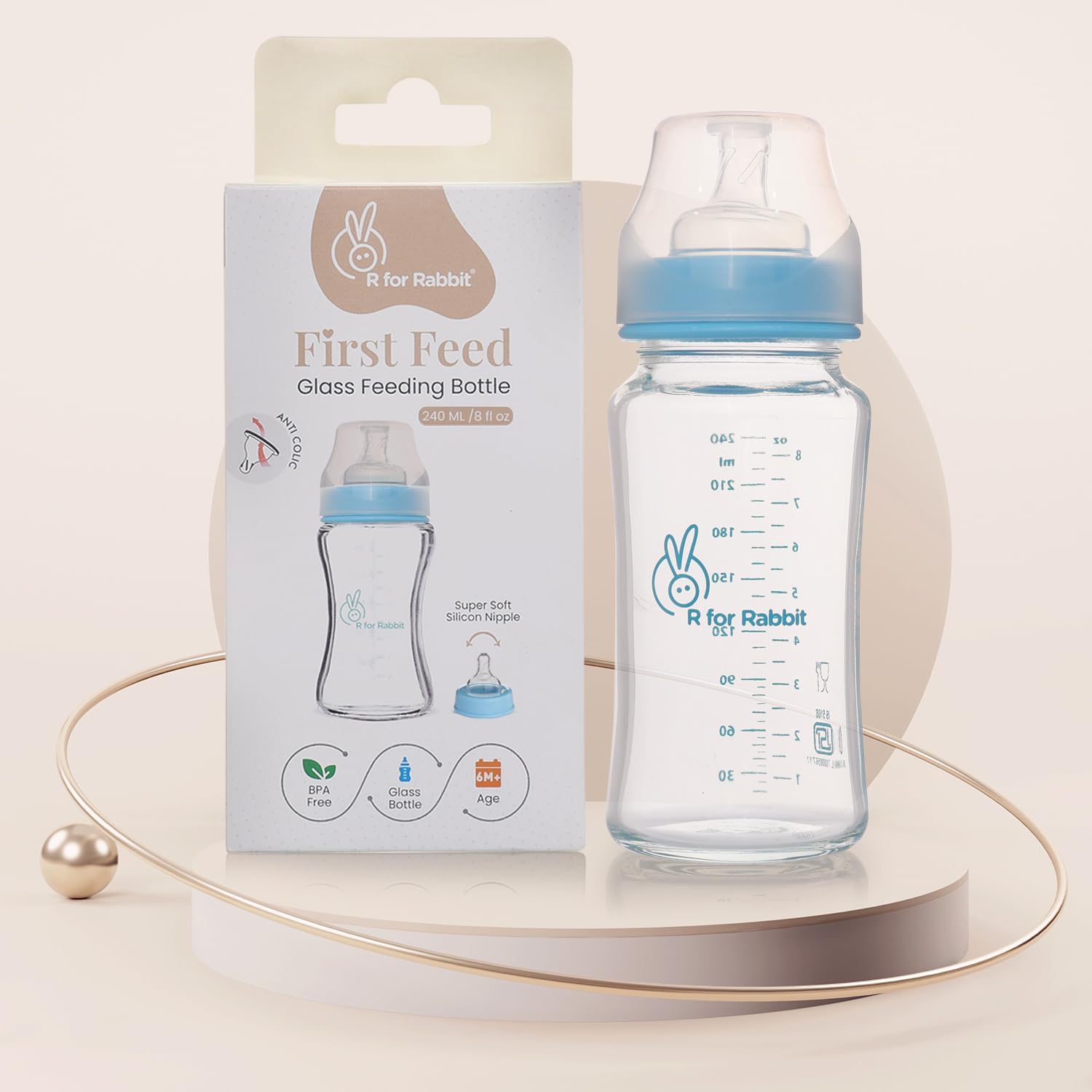 First Feed Baby Glass Feeding Bottle 240ml with Anti-Colic Wide Neck, BPA Free Soft Silicone Nipple, Milk Feeder for New Born/Infants/Toddler Kids of 6+ Months (Lake Blue)