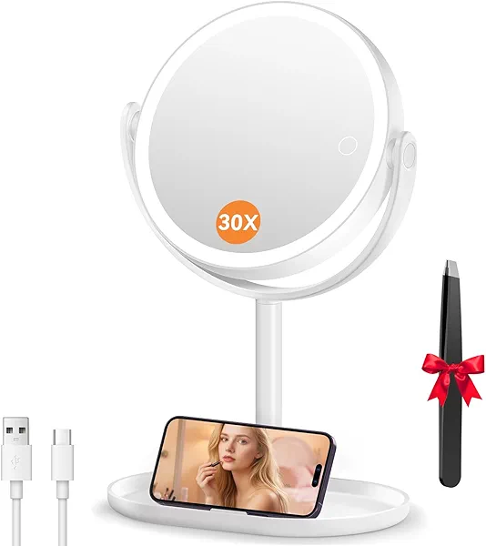 Auxmir Makeup Mirror with Lights, Double Sided 30X/1X Magnifying Mirror with Light, 3 Color Stepless Dimmable with Touch Screen, Rechargeable 360° Free Standing Vanity Mirrors for Bathroom, Bedroom