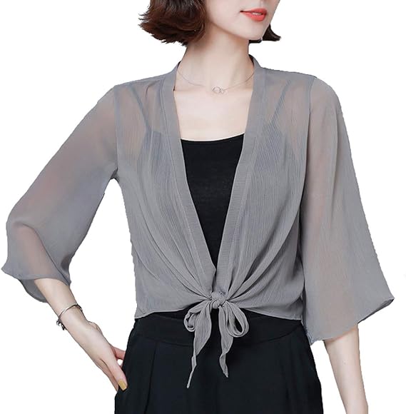 Amazon アイカ 7分袖 薄手 シフォン ショート丈 フレアスリーブ 前結び シースルー ボレロカーディガン ショートカーディガン シフォン カーディガン レディース カーディガン ボレロ 通販