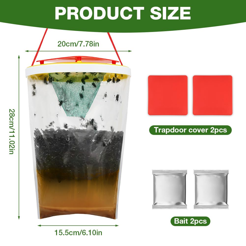 AOOWU Trampas para Atrapar Antimoscas Exterior, 2 PCS Trampas para Moscas con Alimentos, Trampa Cazainsectos Ecologica, Trampa para Moscas Desechable al Aire ​Libre para Jardin, Granjas y Aire ​Libre
