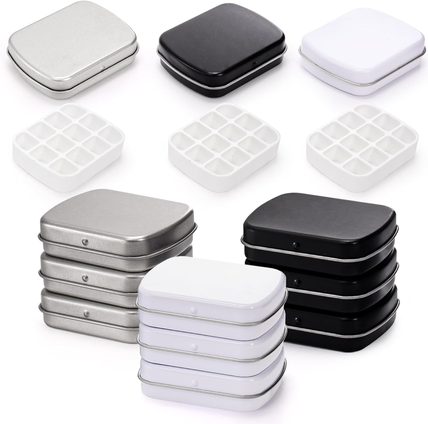 9 Pcs Mini Watercolor Tin Box, 12-Well Portable Paint Palette with Lid, Empty Metal Watercolor Storage Case, Paint Container for Artist Travel Indoor & Outdoor Sketching DIY Craft, 3 Color