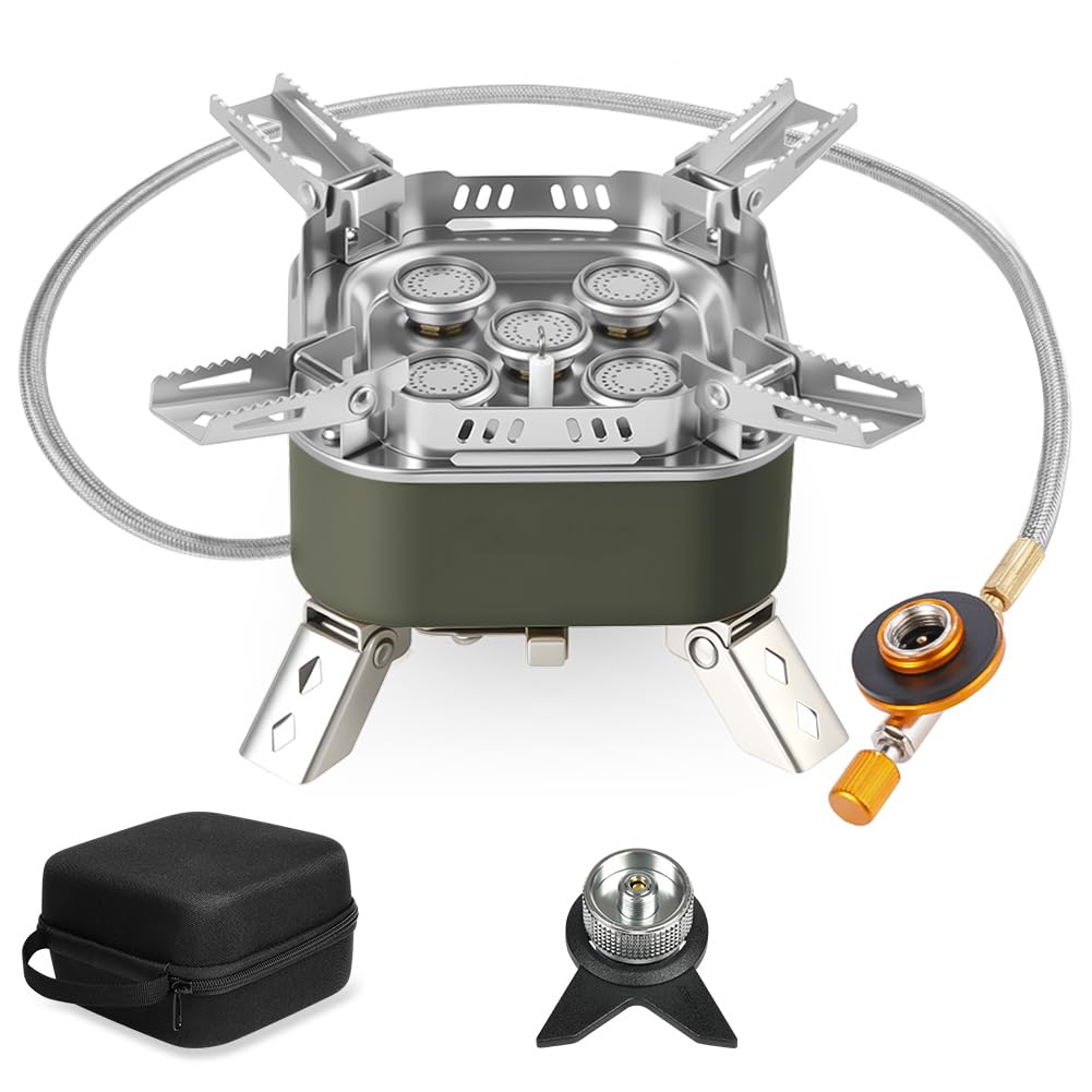 Adiwo 15800w Fornello da Campeggio, Pieghevole Gas Camping Stove Migliorato con 5 Bruciatori, Accensione Piezoelettrica e Borsa Portaoggetti, Mini Stufa da Campeggio Antivento(Verde Militare)