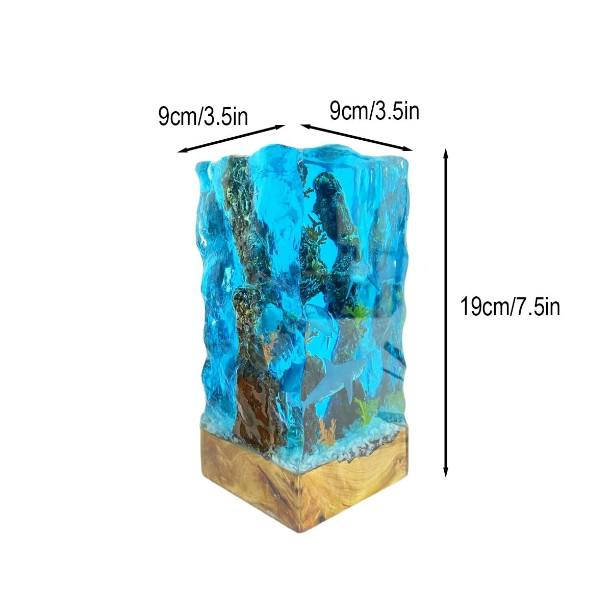 Lampada notturna resina 3D con squalo bianco e subacqueo, base legno RGB LED. Decorazione e regalo per gli amanti del mare