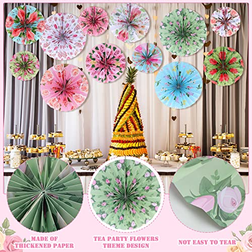 Image of Thenshop 12 Pcs Tea Party Decorations Floral Party Hanging Paper Fans Wedding Paper Fans Decorations 3 Sizes Vintage Tea Bridal Shower Birthday Ceiling Decor